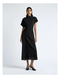 Draped Fold Neck Midi Dress in Black