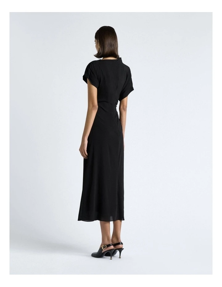 Draped Fold Neck Midi Dress in Black image 2