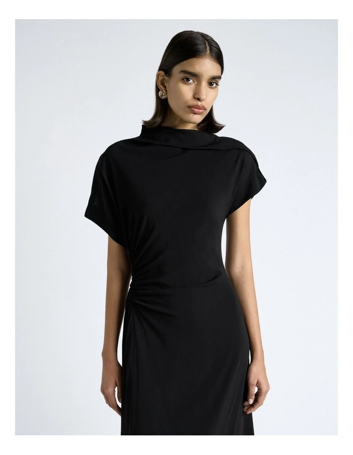 Draped Fold Neck Midi Dress in Black image 3