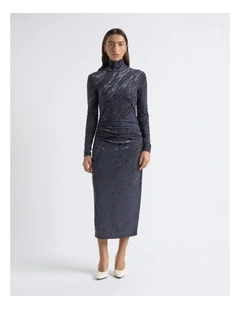 Flocked Long Sleeve Midi Dress