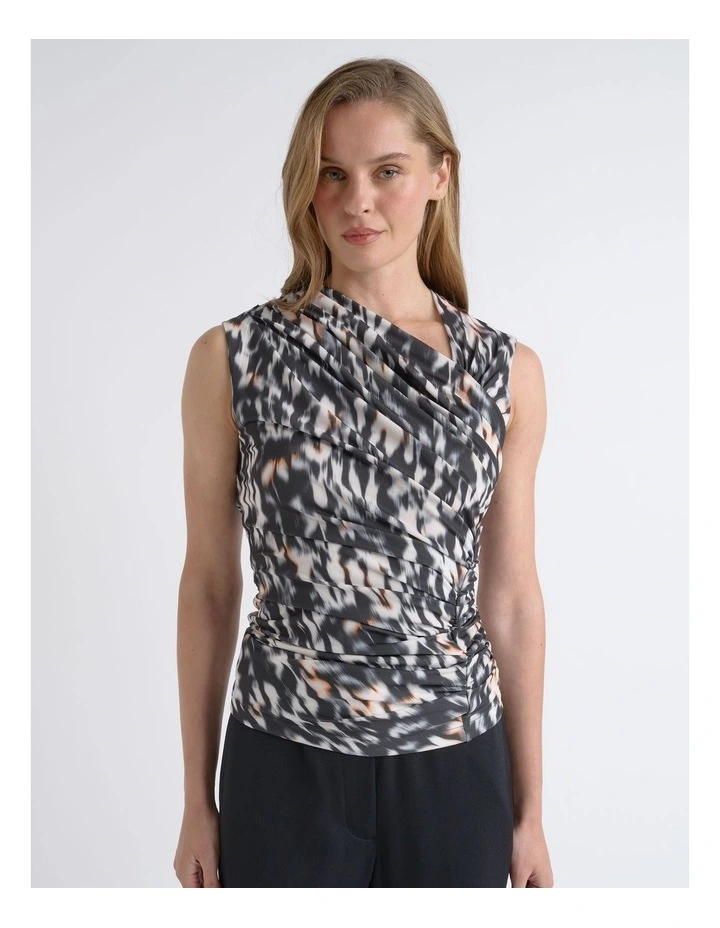 Print Ruched Mesh Top image 3