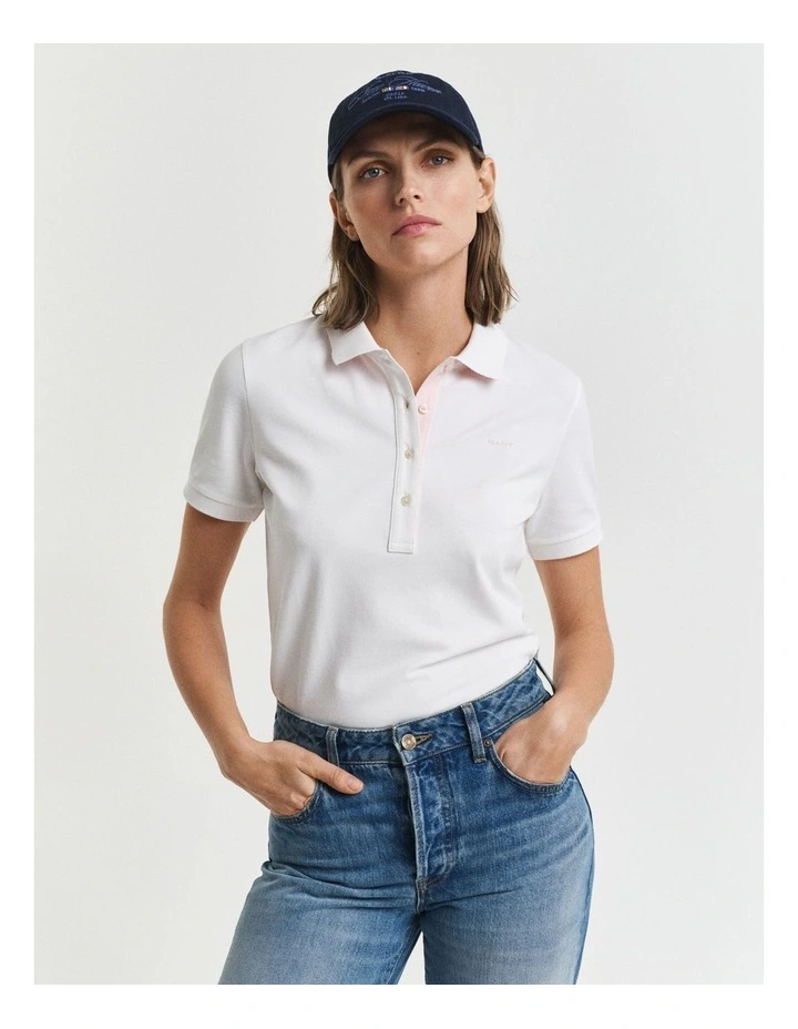 Contrast Collar Short Sleeve Pique Polo in White image 1