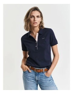 Contrast Collar Short Sleeve Pique Polo in Evening Blue