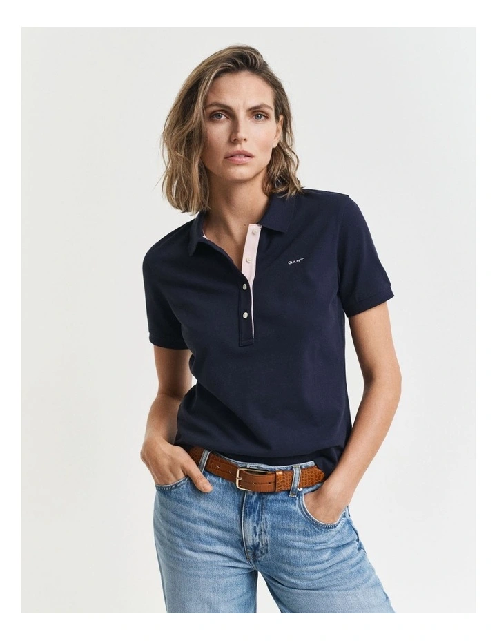 Contrast Collar Short Sleeve Pique Polo in Evening Blue image 1