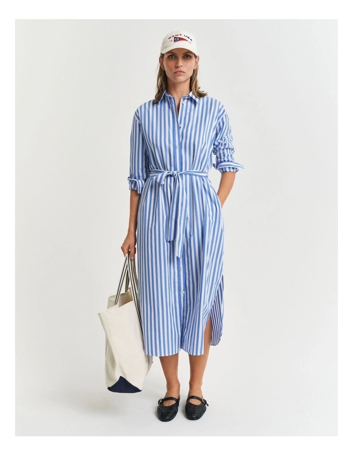 Relaxed Striped Poplin Shirt Dress in White image 3