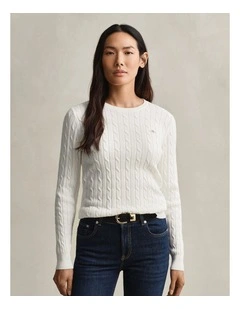 Stretch Cotton Cable Knit Crew Neck Knit in Eggshell