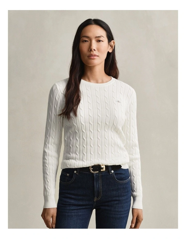 Stretch Cotton Cable Knit Crew Neck Knit in Eggshell image 1