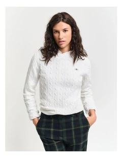 Stretch Cotton Cable Knit Crew Neck Knit in Eggshell