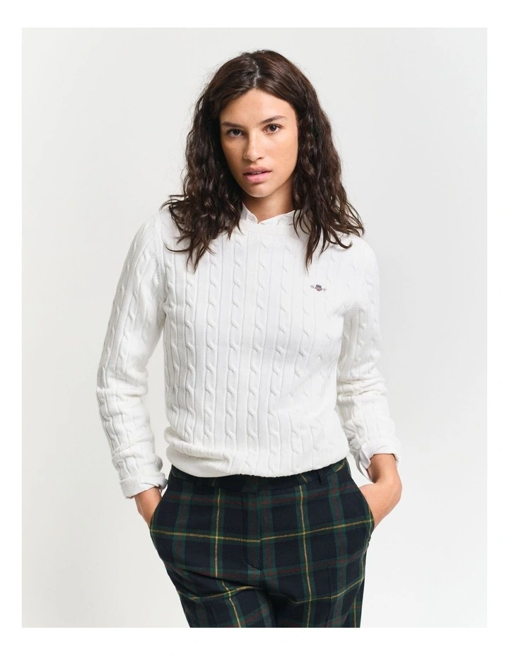 Stretch Cotton Cable Knit Crew Neck Knit in Eggshell image 1