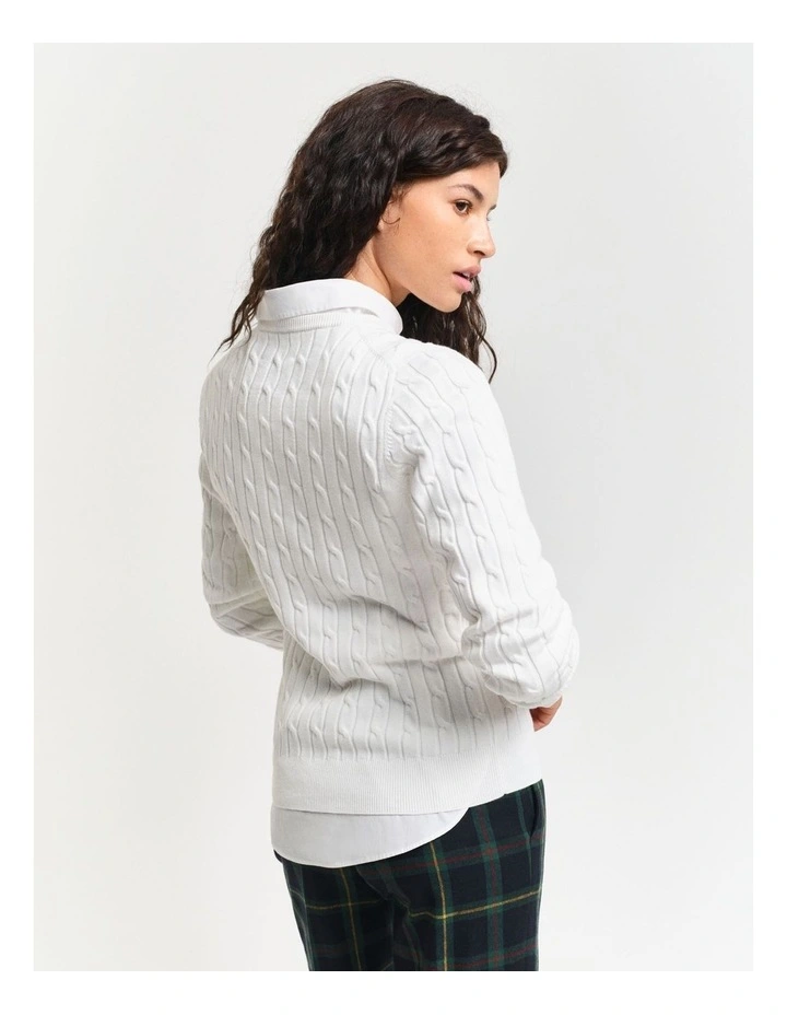 Stretch Cotton Cable Knit Crew Neck Knit in Eggshell image 2