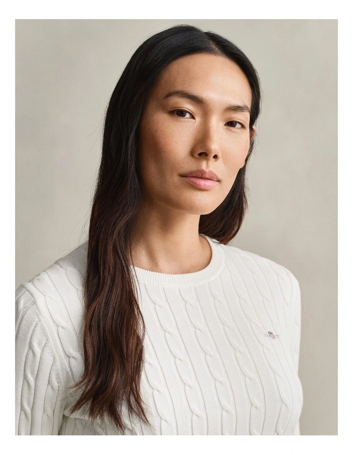 Stretch Cotton Cable Knit Crew Neck Knit in Eggshell image 3