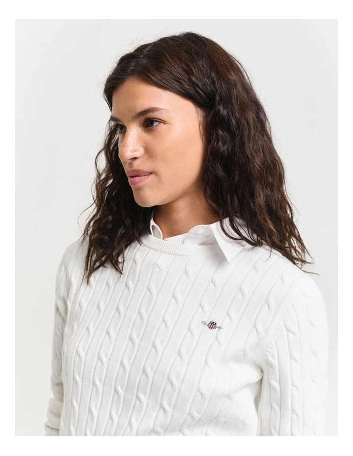 Stretch Cotton Cable Knit Crew Neck Knit in Eggshell image 3