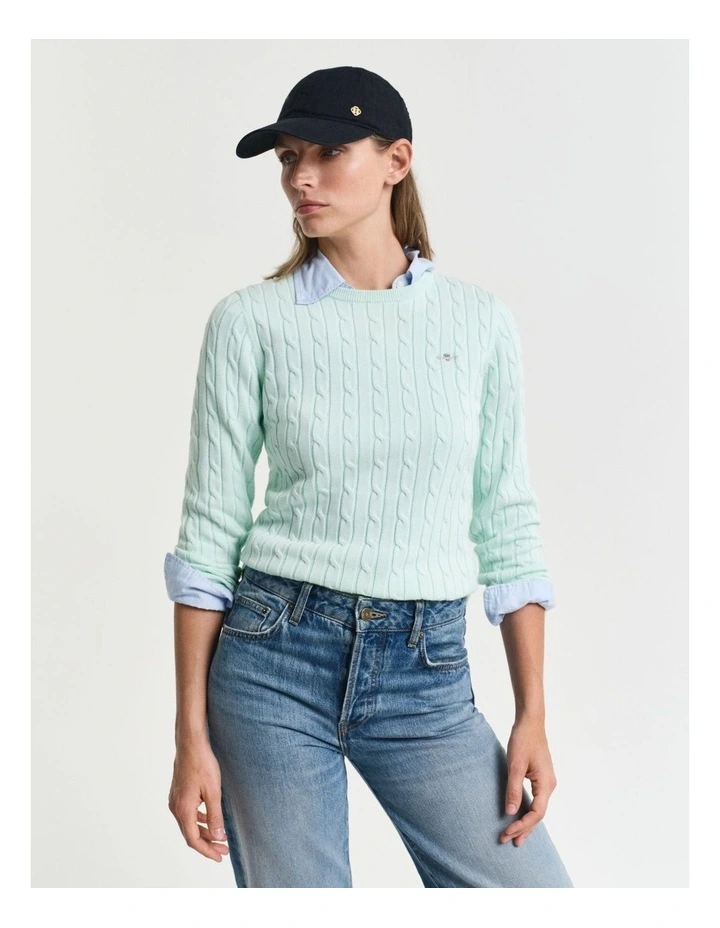 Stretch Cotton Cable Knit Crew Neck Knit in Faded Mint image 1