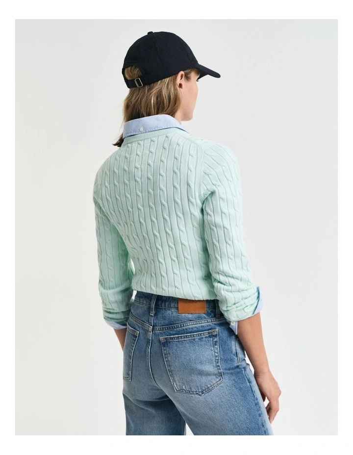 Stretch Cotton Cable Knit Crew Neck Knit in Faded Mint image 2
