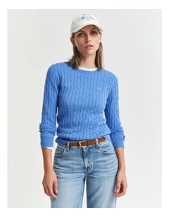 Stretch Cotton Cable Knit Crew Neck Knit in Perfect Blue
