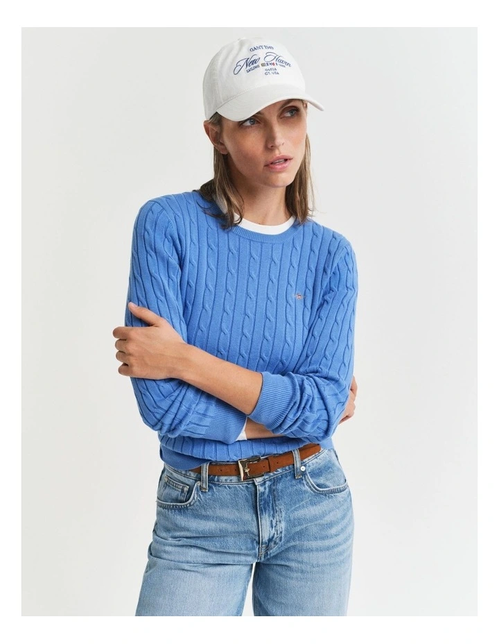 Stretch Cotton Cable Knit Crew Neck Knit in Perfect Blue image 3