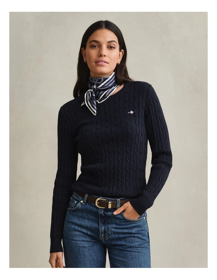 Stretch Cotton Cable Knit Crew Neck Knit in Evening Blue image 1