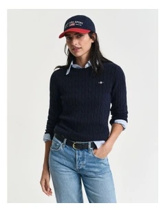 Stretch Cotton Cable Knit Crew Neck Knit in Evening Blue