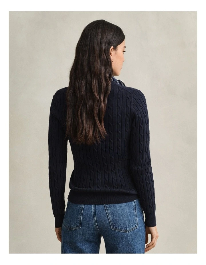 Stretch Cotton Cable Knit Crew Neck Knit in Evening Blue image 2