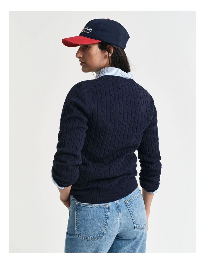 Stretch Cotton Cable Knit Crew Neck Knit in Evening Blue image 2