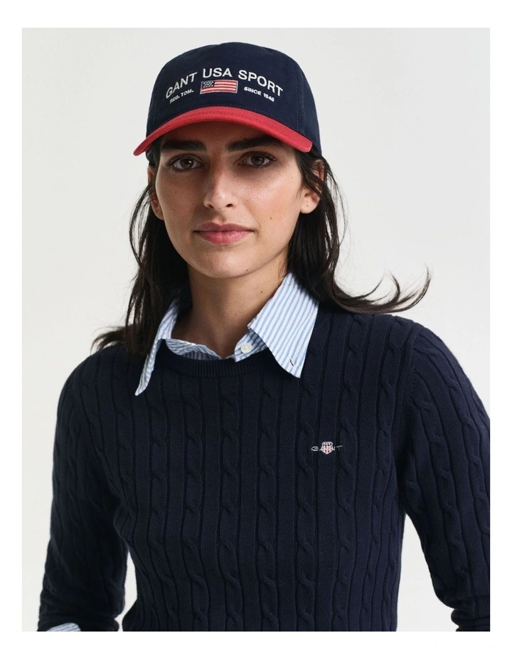 Stretch Cotton Cable Knit Crew Neck Knit in Evening Blue image 3