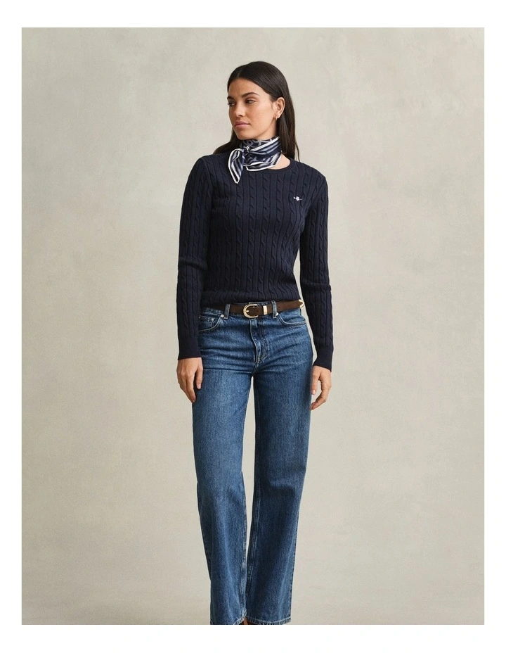 Stretch Cotton Cable Knit Crew Neck Knit in Evening Blue image 4