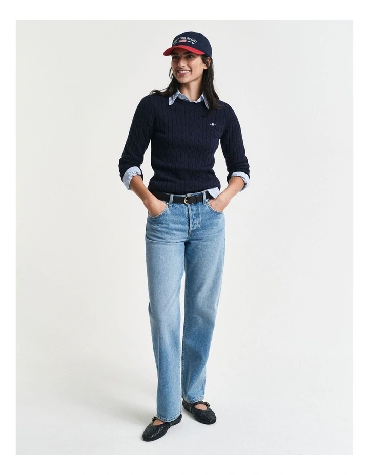 Stretch Cotton Cable Knit Crew Neck Knit in Evening Blue image 4