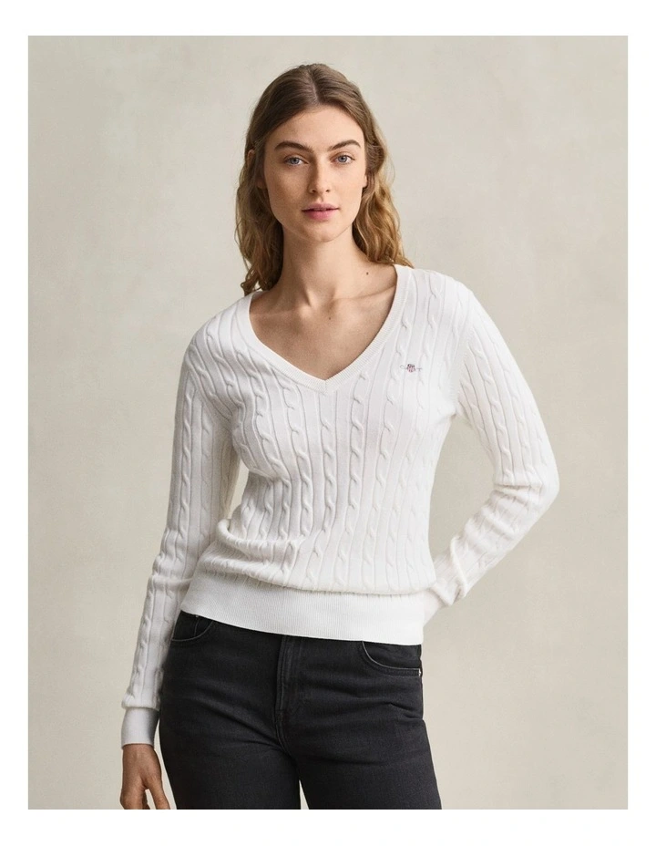 Stretch Cotton Cable Knit V-Neck Knit in Eggshell image 1