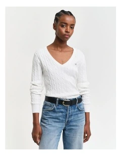 Stretch Cotton Cable Knit V-Neck Knit in Eggshell