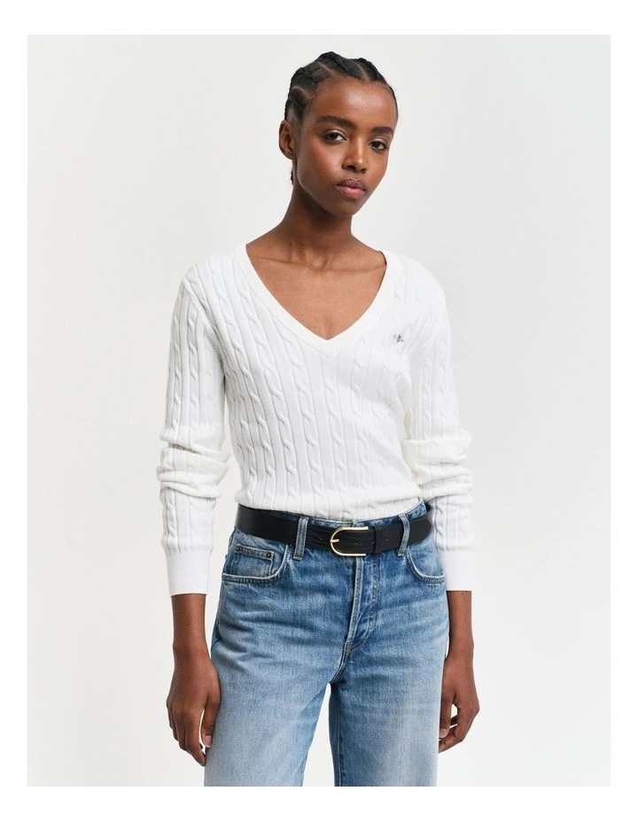 Stretch Cotton Cable Knit V-Neck Knit in Eggshell image 1