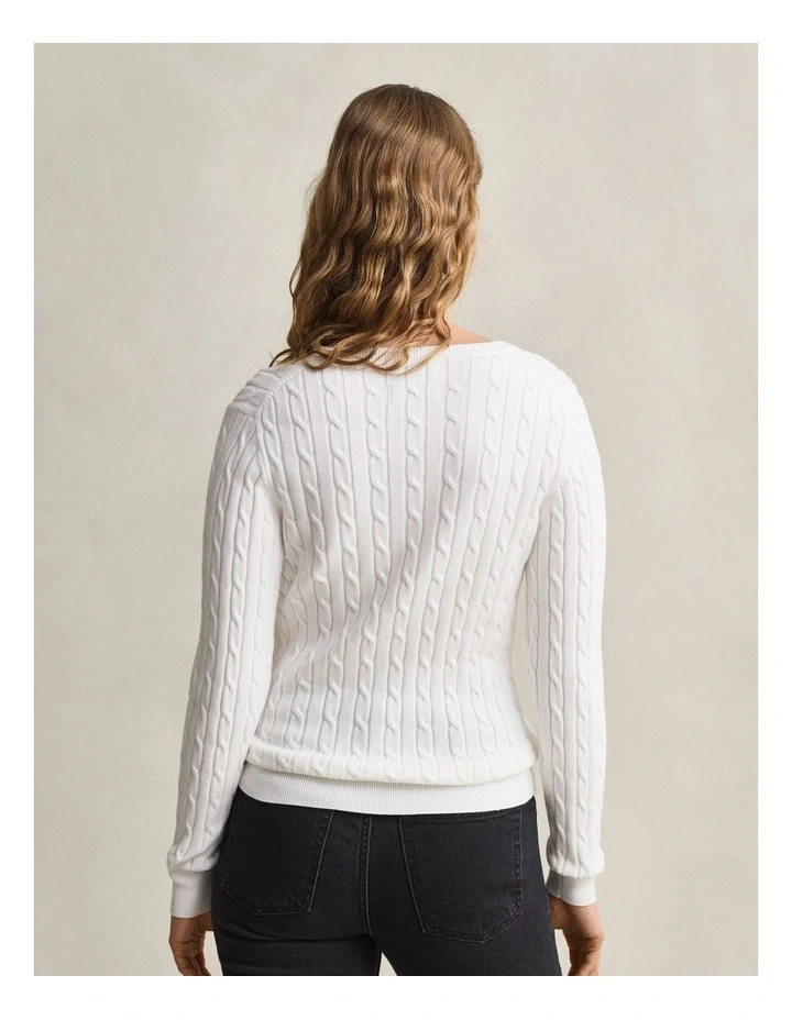 Stretch Cotton Cable Knit V-Neck Knit in Eggshell image 2