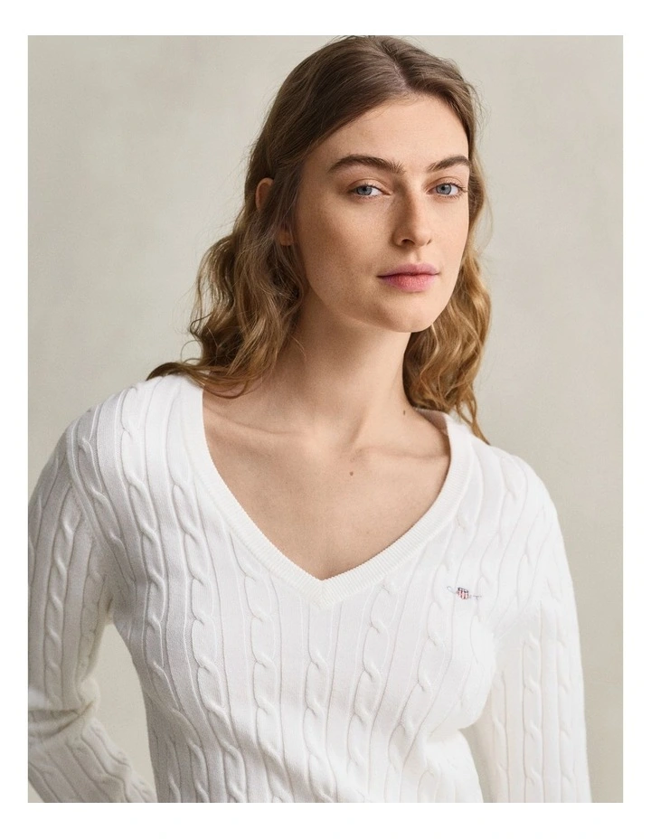 Stretch Cotton Cable Knit V-Neck Knit in Eggshell image 3