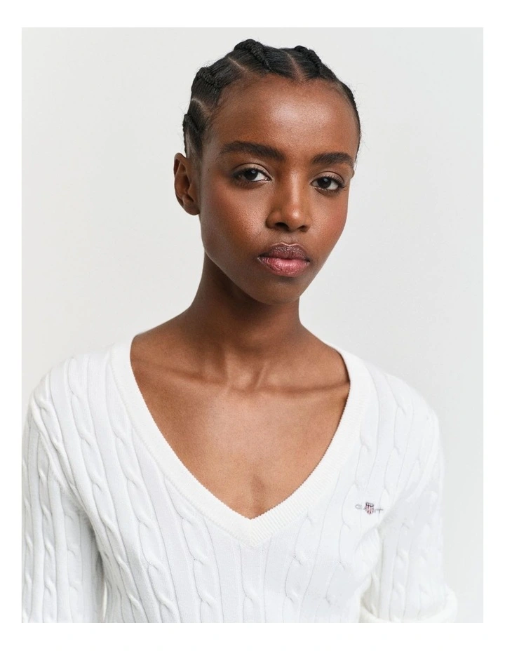 Stretch Cotton Cable Knit V-Neck Knit in Eggshell image 4