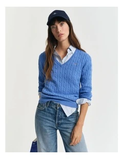 Stretch Cotton Cable Knit V-Neck Knit in Perfect Blue