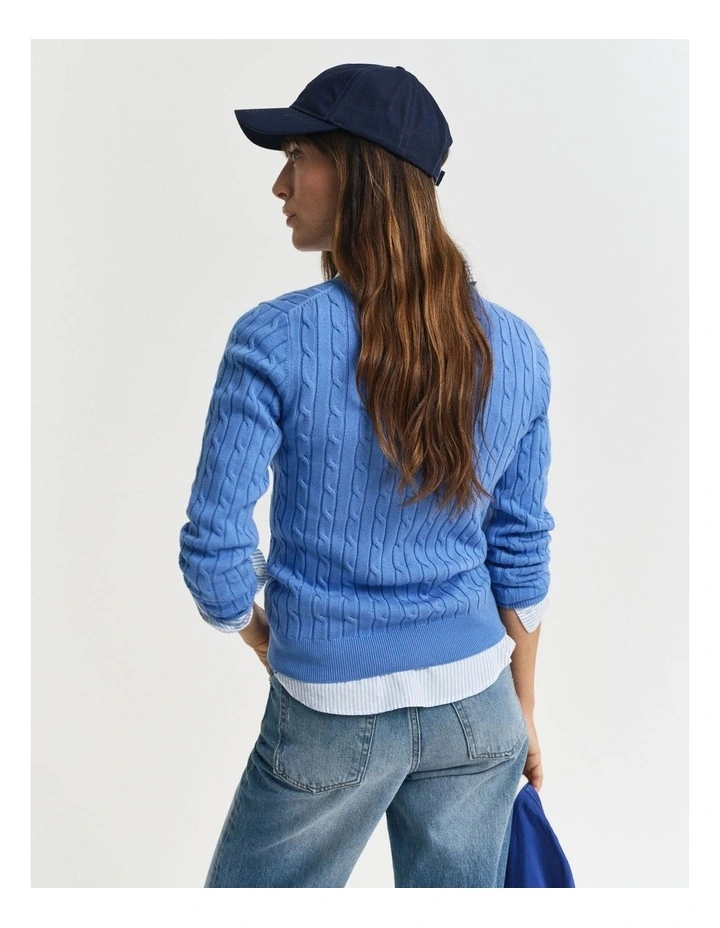 Stretch Cotton Cable Knit V-Neck Knit in Perfect Blue image 2