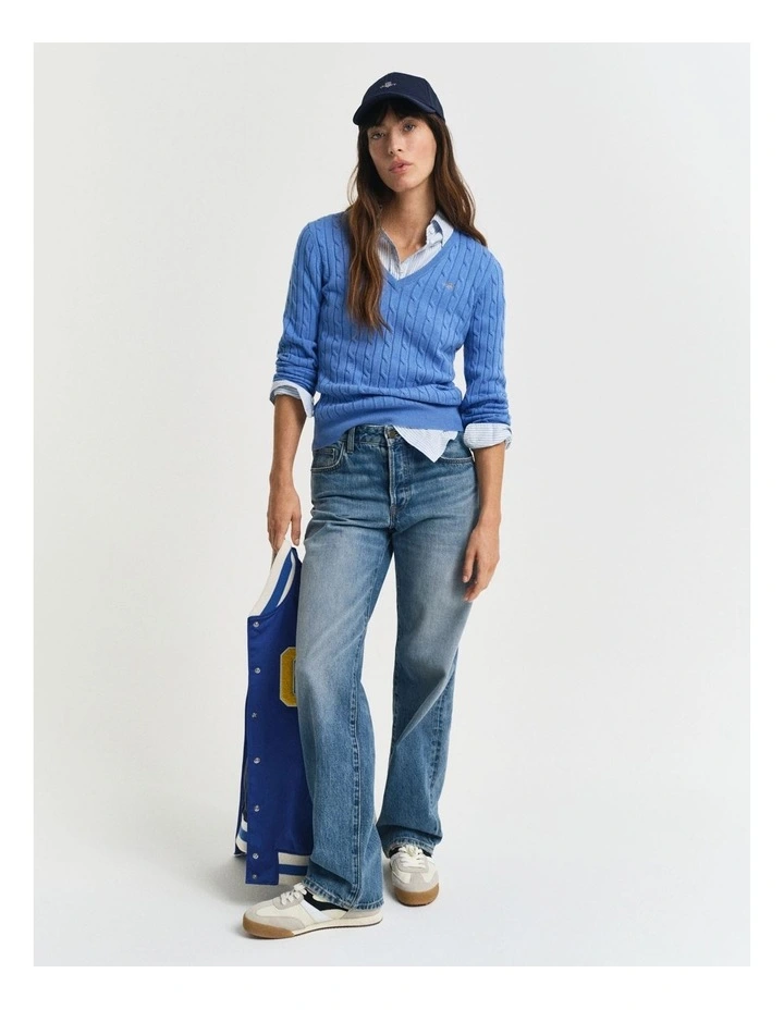 Stretch Cotton Cable Knit V-Neck Knit in Perfect Blue image 3