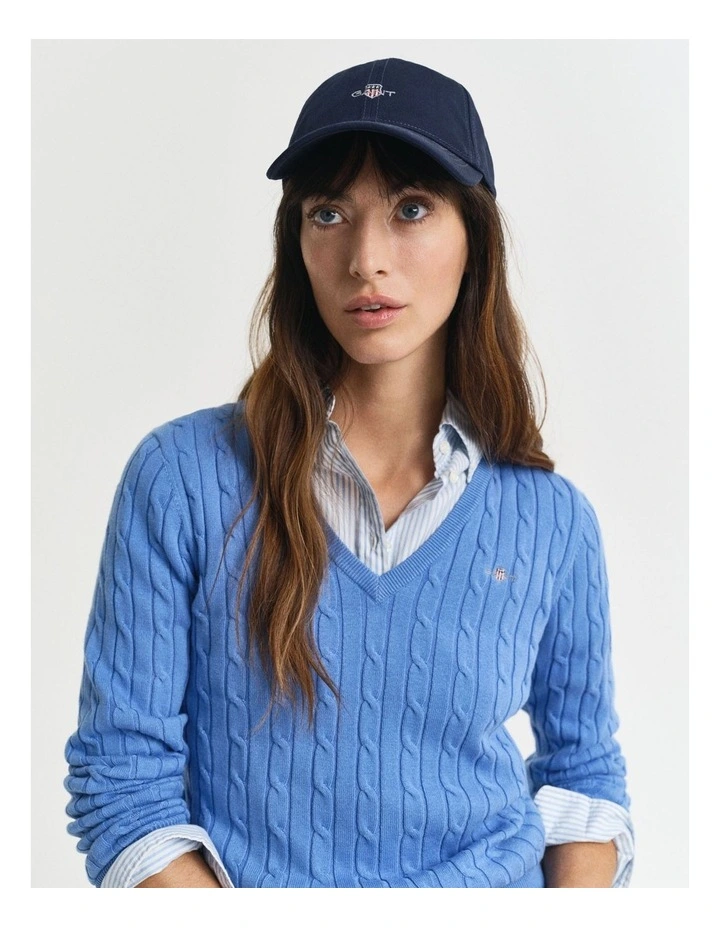 Stretch Cotton Cable Knit V-Neck Knit in Perfect Blue image 4
