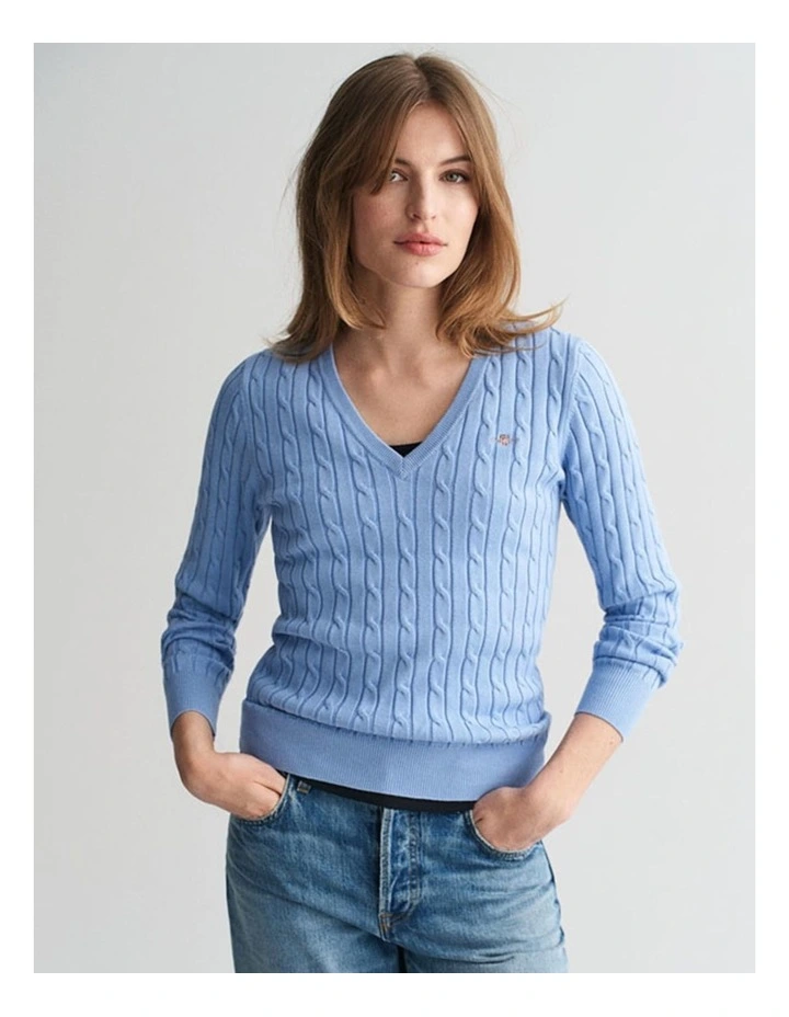 Stretch Cotton Cable Knit V-Neck Knit in Clear Sky image 1