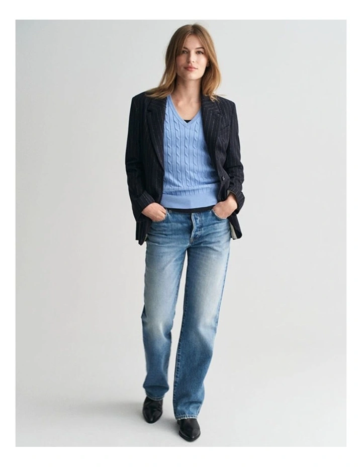 Stretch Cotton Cable Knit V-Neck Knit in Clear Sky image 3