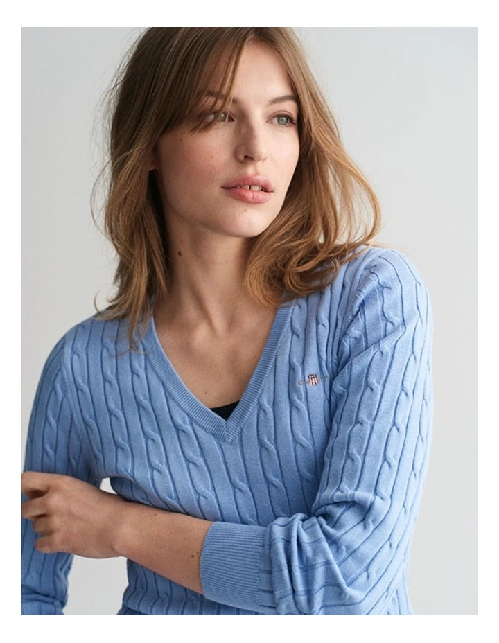 Stretch Cotton Cable Knit V-Neck Knit in Clear Sky image 4