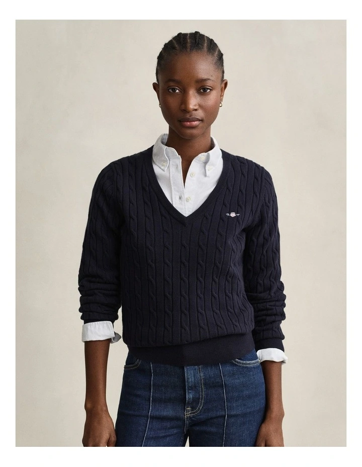 Stretch Cotton Cable Knit V-Neck Knit in Evening Blue image 1