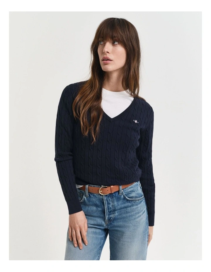 Stretch Cotton Cable Knit V-Neck Knit in Evening Blue image 1