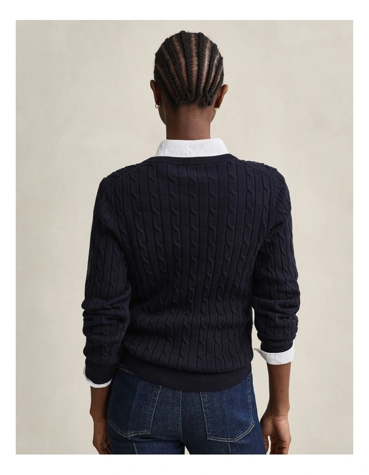 Stretch Cotton Cable Knit V-Neck Knit in Evening Blue image 2