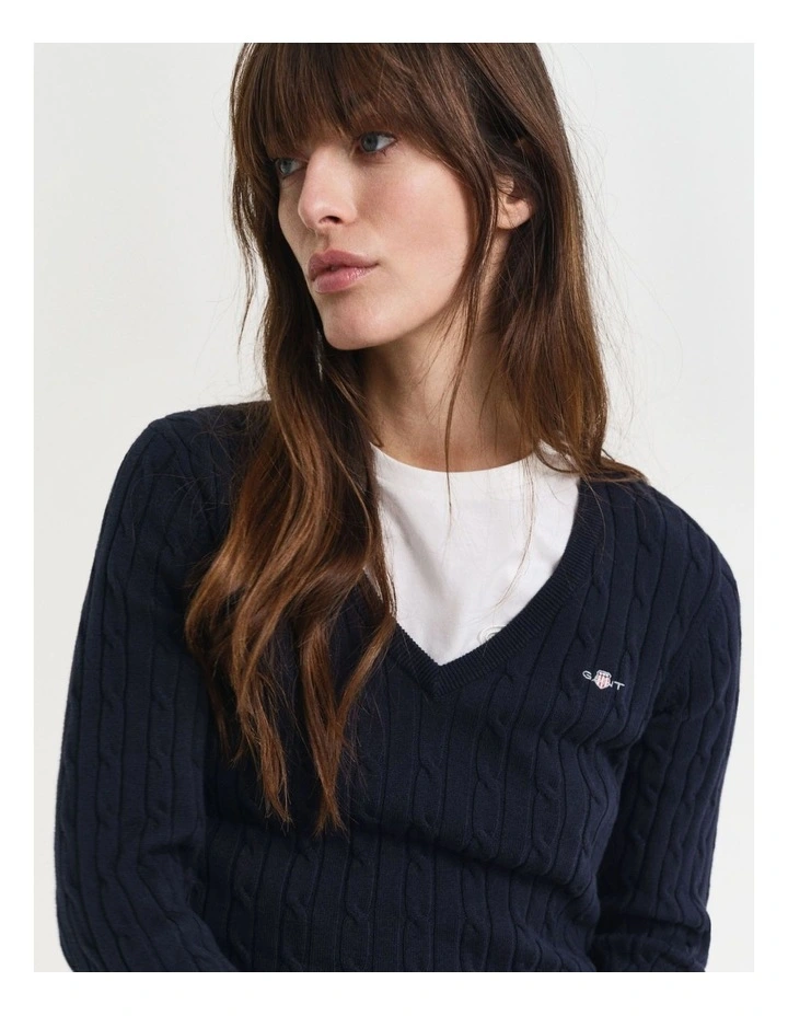 Stretch Cotton Cable Knit V-Neck Knit in Evening Blue image 4