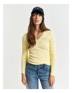 Stretch Cotton Cable Knit V-Neck Knit in Dusty Light Yellow