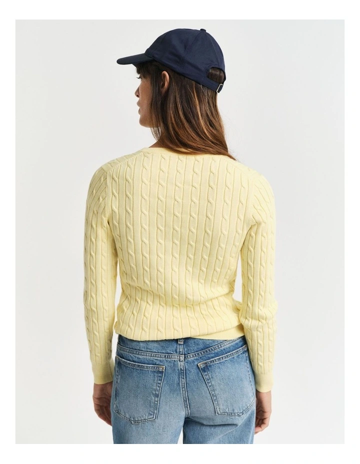 Stretch Cotton Cable Knit V-Neck Knit in Dusty Light Yellow image 2