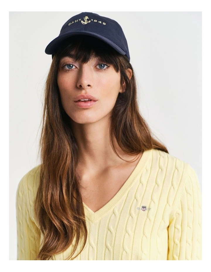 Stretch Cotton Cable Knit V-Neck Knit in Dusty Light Yellow image 3