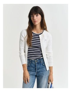 Stretch Cotton Cable Knit Cardigan in Eggshell