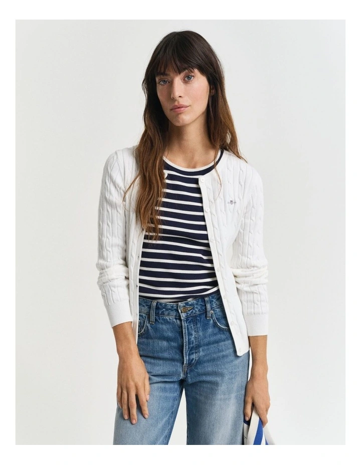 Stretch Cotton Cable Knit Cardigan in Eggshell image 1