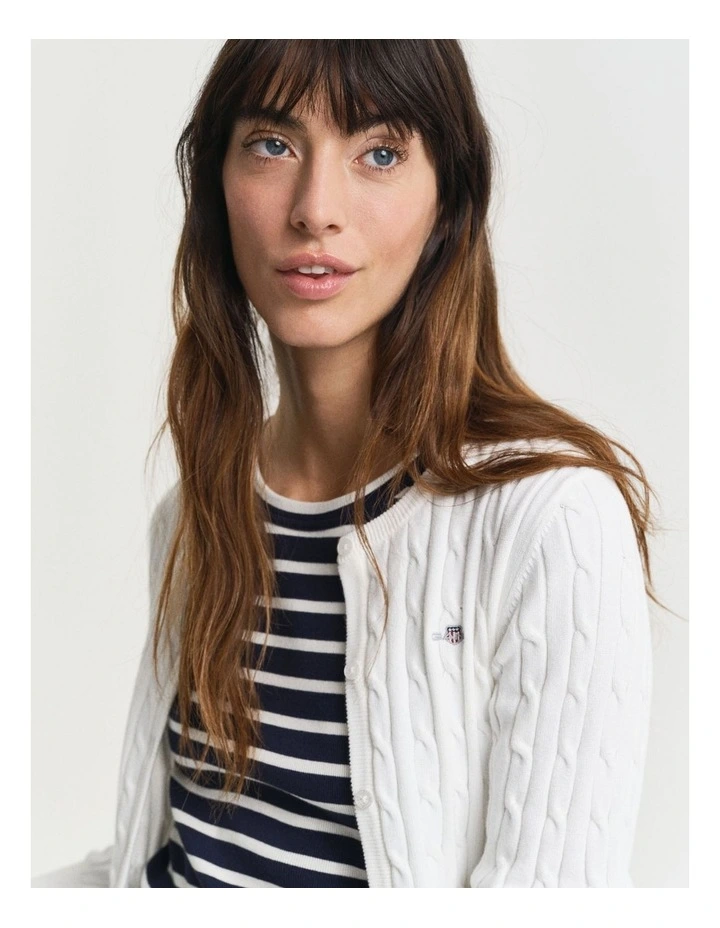 Stretch Cotton Cable Knit Cardigan in Eggshell image 3